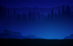 自然森林树山地平线山日出和日落景观壁纸插图向量风格色彩斑斓的视图背景