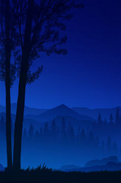 自然森林树山地平线山日出和日落景观壁纸插图向量风格色彩斑斓的视图背景