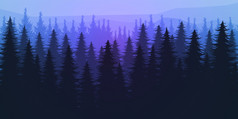 自然森林自然松森林山地平线景观壁纸山湖景观轮廓树天空红色的日出和日落插图向量风格色彩斑斓的视图背景