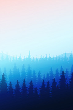 自然森林自然松森林山地平线景观壁纸山湖景观轮廓树天空红色的日出和日落插图向量风格色彩斑斓的视图背景