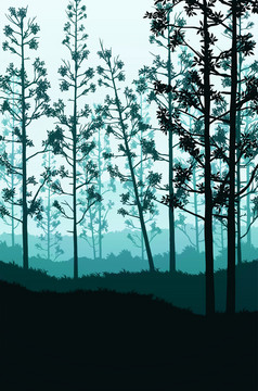 自然森林树山地平线山轮廓树和山的晚上日出和日落景观壁纸插图向量风格色彩斑斓的视图背景