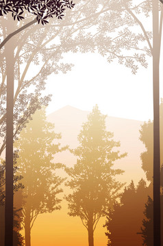 自然森林山地平线山轮廓树晚上日出和日落景观壁纸插图向量风格色彩斑斓的视图背景