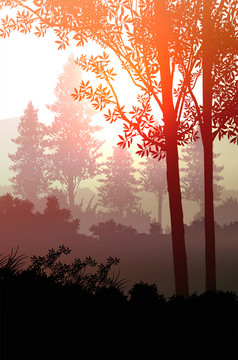 自然森林树山地平线山轮廓树和山的晚上日出和日落景观壁纸插图向量风格色彩斑斓的视图背景