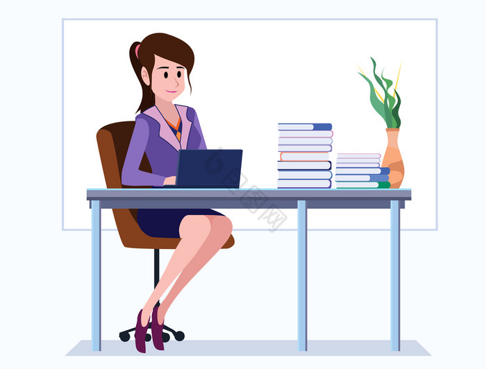业务女人办公室字符人坐和工作早插图向量董图片