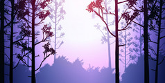 自然森林山地平线山轮廓树晚上日出和日落景观壁纸插图向量风格色彩斑斓的视图背景