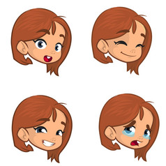 十几岁的女孩使四个不同的脸表达式集女孩脸表达式向量插图卡通有趣的小男孩头