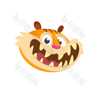 卡通头图标可爱的老虎显示他的牙齿平明亮的颜色简化向量插图有趣的卡通风格设计
