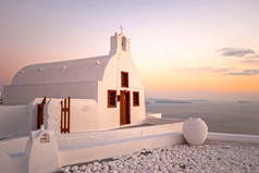 aio圣托里尼岛希腊著名的与美丽的浪漫的日落