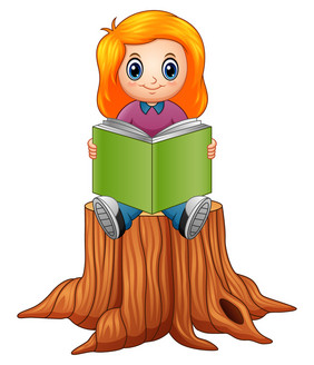 向量插图小女孩阅读书在树树桩