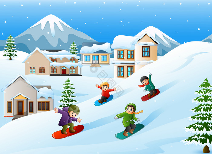 向量插图孩子们滑雪滑动下来山图片