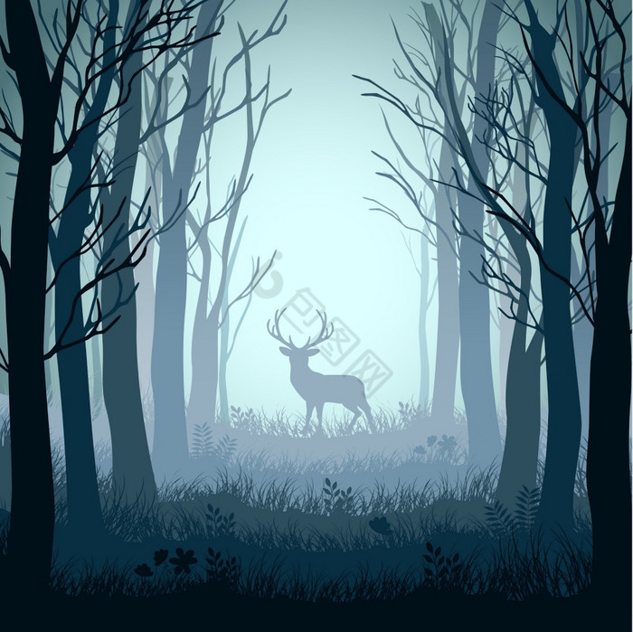 鹿秋天有雾的森林向量插图图片