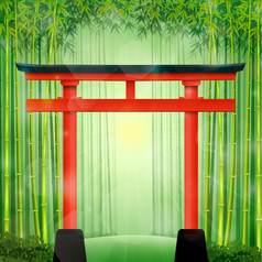向量插图竹子森林与红色的日本门