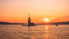日落视图少女塔女孩塔横跨博斯普鲁斯海峡伊斯坦布尔火鸡