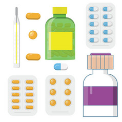 集医学瓶与标签和药片药物平板电脑胶囊维生素注射器温度计向量插图平风格