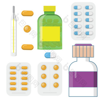 集医学瓶与<strong>标签</strong>和药片药物平板电脑<strong>胶囊</strong>维生素注射器温度计向量插<strong>图</strong>平风格