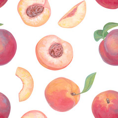 手画明亮的水果无缝的模式现实的画与丙烯酸油漆桃子水果整个叶子减少和片桃子孤立的白色植物壁纸有机食物背景