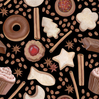 甜蜜的无缝的模式画与丙烯画饼干甜甜圈蛋糕巧克力茴香咖啡豆子黑色的背景理想的为包装设计包装器明信片小册子织物和等