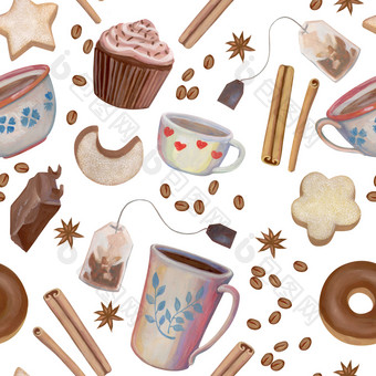 甜蜜的无缝的模式画与丙烯画饼干甜甜圈蛋糕巧克力茴香咖啡豆子茶袋和可爱的杯白色背景为包装设计包装器织物和等