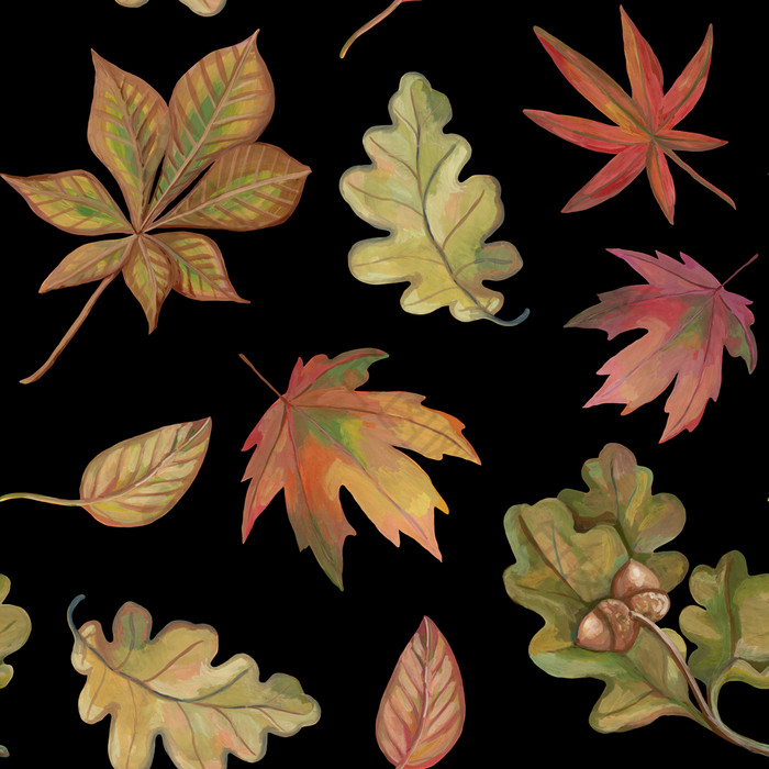秋天无缝的模式美丽的背景与下降叶子现实的画与丙烯酸油漆古董风格理想的为明信片包装纸织物和其他设计