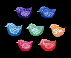 集合与可爱的鸟美丽的彩虹丙烯酸画色彩斑斓的元素孤立的黑色的背景摘要鸟与不同的模式集元素为设计