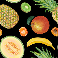 无缝的模式与明亮的和新鲜的水果菠萝香蕉橙色瓜杏普通话猕猴桃黑色的背景美丽的热带手绘壁纸现实的丙烯酸图纸