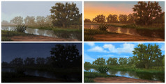 自然景观与不同的照明季节部分一天时间插图集雾晚上阳光明媚的一天日落树河天空数字绘画光栅图形为设计卡日历