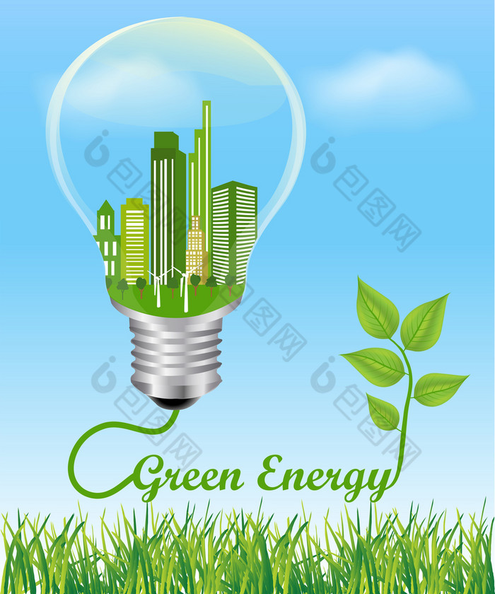 绿色能源概念城市电光灯泡连接植物象征绿色能源环境友好的能源能源储蓄概念认为绿色概念