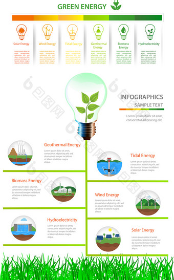 可再生能源类型权力植物图标向量集可再生替代太阳能风水电生物燃料地热潮汐能源有用的为布局横幅网络设计统计宣传册模板infographics和演讲绿色能源可再生能源