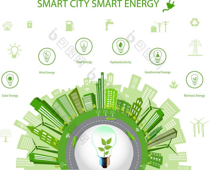 生态城市概念聪明的城市概念和聪明的能源与不同的环境图标绿色城市设计绿色世界绿色地球聪明的城市概念聪明的能源