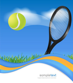 网球球和球拍蓝色的波背景
