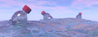 污染三个塑料瓶浮动的<strong>海洋日</strong>落渲染污染塑料瓶的<strong>海洋</strong>渲染