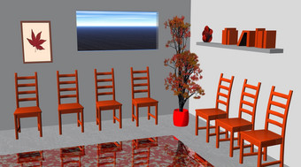 红色的等待房间与树椅子书窗口图片和反映地毯红色的等待房间渲染