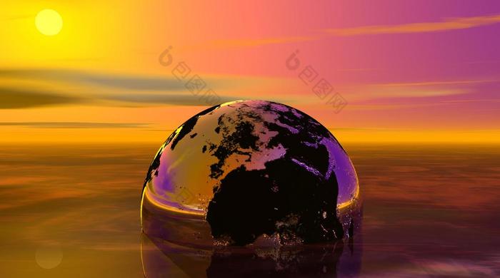地球地球溺水的海日落地球地球溺水渲染