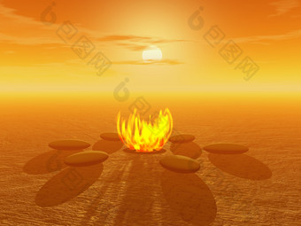 火包围石头的沙漠日落火沙漠渲染