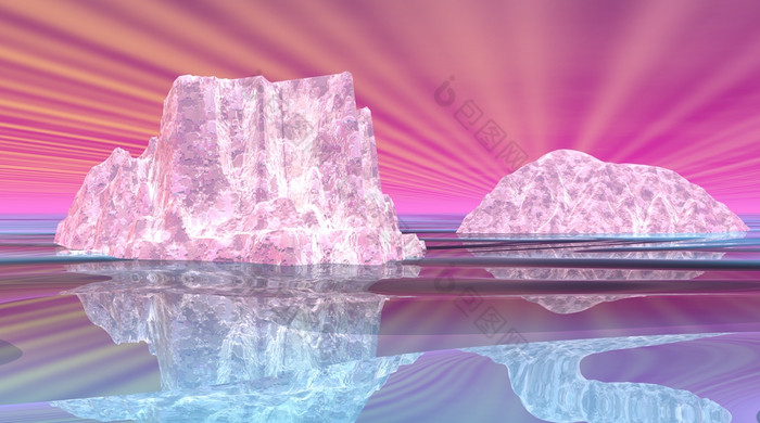 两个粉红色的和白人冰山与美丽的反映水和粉红色的天空与射线幻想冰山渲染