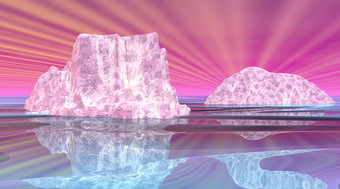 两个粉红色的和白人<strong>冰山</strong>与美丽的反映水和粉红色的天空与射线幻想<strong>冰山</strong>渲染