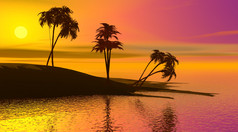 阴影棕榈树岛包围安静的海洋日落天堂岛渲染