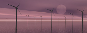 风涡轮机的海洋紫罗兰色的多云的晚上风涡轮机晚上