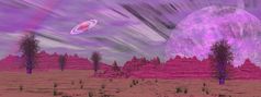 紫罗兰色的景观与岩石山树雾和行星