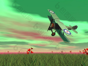 古董双翼飞机飞行在的绿色草与花日落双翼飞机飞行渲染