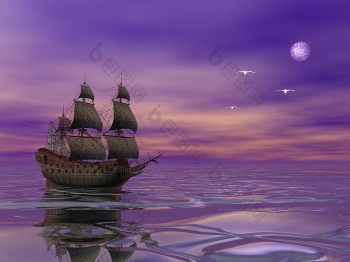 飞行荷兰人海盗船航行和月光下一个鸟紫罗兰色的背景海盗船航行的月光渲染