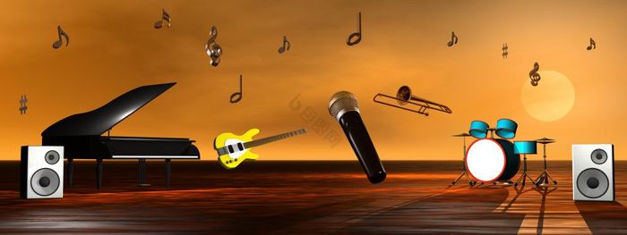 大计划吉他低音鼓麦克风和笔记音乐的图片