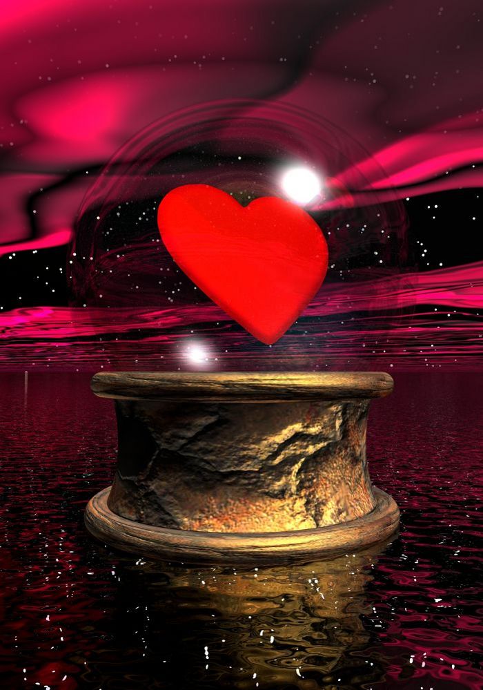 水晶球与红色的心内部在金基地晚上背景水晶球为爱渲染