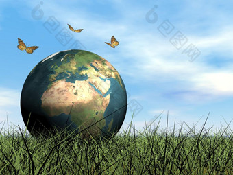 三个蝴蝶飞行周围地球站的绿色草保护蝴蝶保护地球渲染