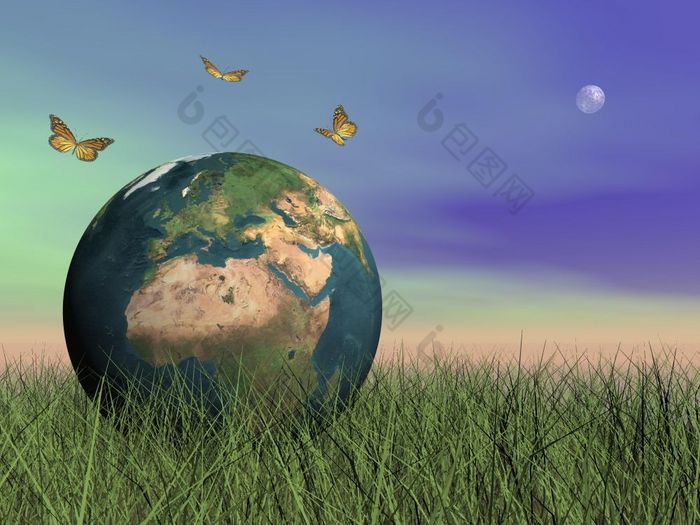 三个蝴蝶飞行周围地球站的绿色草保护晚上与完整的月亮蝴蝶保护地球渲染