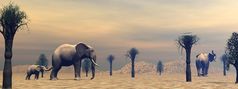 两个成人大象和小站之间的猴面包树的萨凡纳多云的早....光大象的萨凡纳渲染