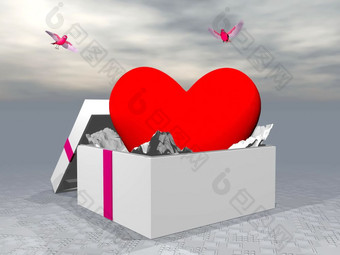 心形状礼物盒子和两个鸟飞行周围爱礼物渲染
