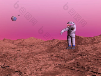 第一个宇航员走3地球和看到的地球和月亮的粉红色的背景