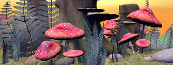 许多飞木耳蘑菇叶子和石头的森林日落飞木耳蘑菇的森林渲染