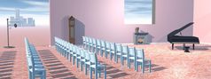 超现实主义的音乐会房间与计划椅子火的地方和时钟